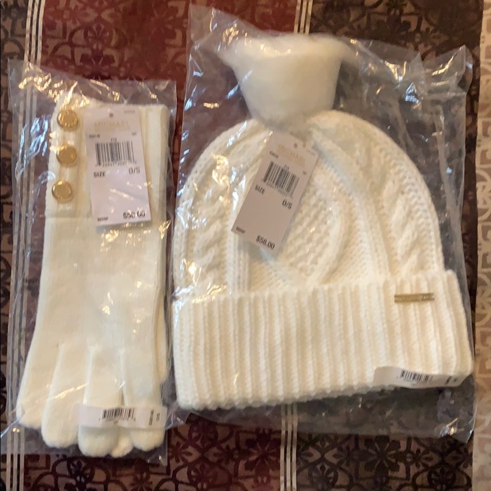 Michael Kors white and gold hat and gloves set